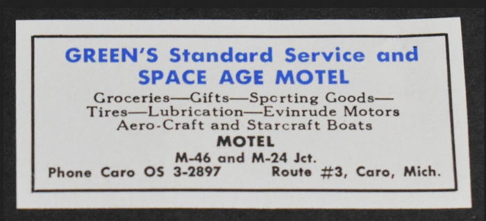 Greens Standard Service and Space Age Motel (M-46 Motel) - Vintage Print Ad